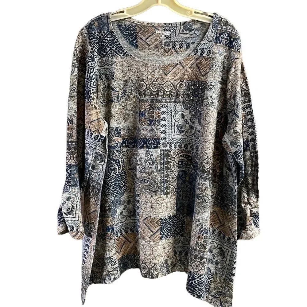 Kim Rogers Women’s 2X Paisley Patchwork Boho Tunic Blouse Blue Beige Casual